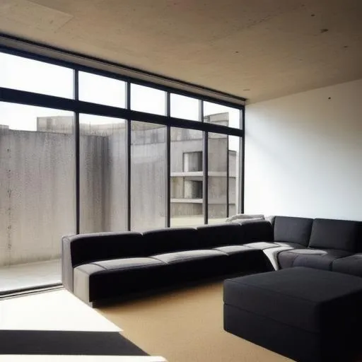 Prompt: a  brutalist architecture Library with lots of natural light and a black couch beside the window
