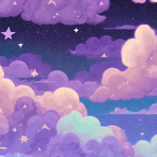 Prompt: video game style, pastel purple hues, background, art showing the sky with clouds and stars, slightly pixelated 