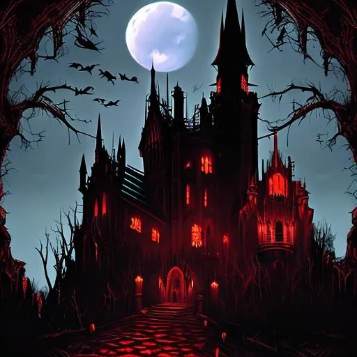 Prompt: black and red gothic mansion, bats, dracula castle, dark fantasy, castlevania, vampire hunter d bloodlust, night landscape
