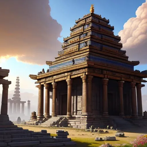 Prompt: Ilustration of very big temple,bronze age theme,metal technology,ancient Cities,old time,plant and flowers,bronze building, day time,sunlight,blue sky,cloudy,landscape,fantasy mood,cinematic,cinematic lighting,artistic,highly detailed,ray tracing,64k,UHD,HDR,ultra-fine detailed,painting,artstation,fantasy,masterpiece,epic,golden ratio,