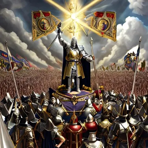 Prompt: The knights of the God of heaven and earth gather against the revolution of the wicked ruler of mankind. Photorealistic. Hyperrealistic.