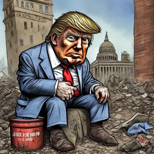 Prompt:  Trump-Cartoon: Small, old, rusted tin can, empty,  + Lonely, poor, miserable beggar Trump sitting on the courthouse-steps in tattered rags, with the too long red tie and tattered, ripped darkblue suit, bright colored Sergio Aragonés MAD-magazine style