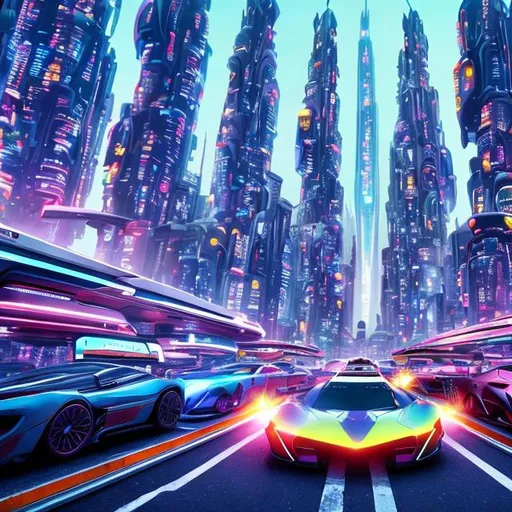 Prompt: Colourful, futuristic, city, daytime, cars