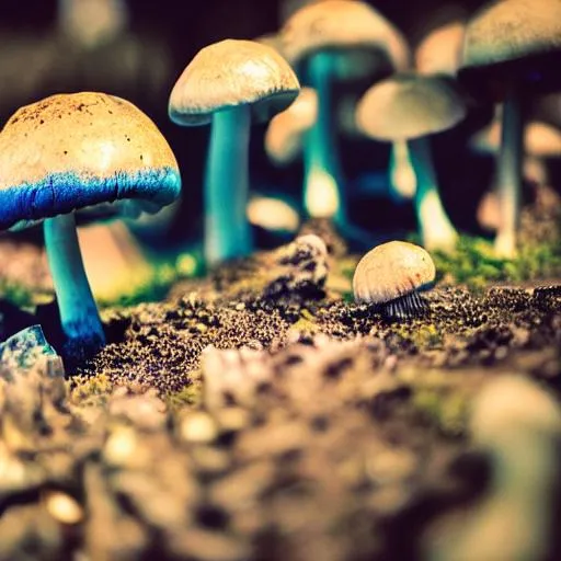 Prompt: photo of a blue neon glowing muushroom,macro lens