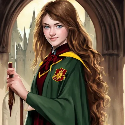 brown-haired, green-eyed woman as a Gryffindor stude... | OpenArt