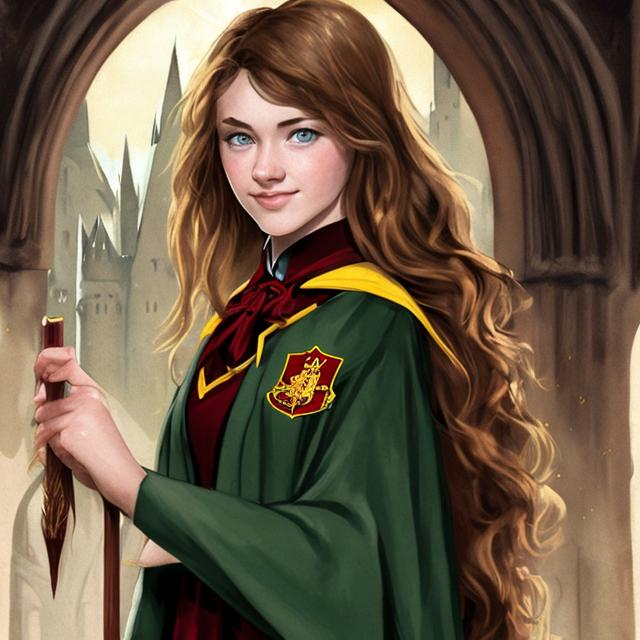 brown-haired, green-eyed woman as a Gryffindor stude...