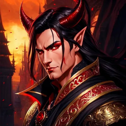 Prompt: Concept art of a male tiefling ((RED SKIN)), long ((black hair)), and ((red horns)). His face is a grimace. Background is a fantasy city. Fantasy, intricate, elegant, highly detailed, digital painting, trending on artstation, concept art, smooth, sharp focus, illustration art by Stanley Lau. General red overlay.