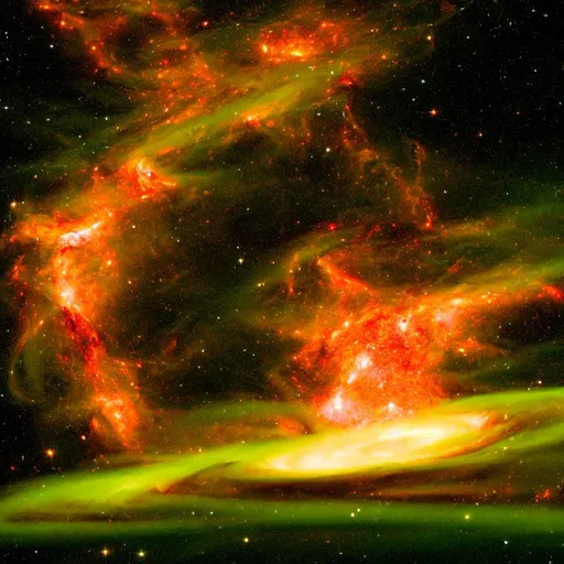 Prompt: Ultrarealistic rendering of a cosmic demon engulfed in subtle reddish hellfire | quasar | galaxy |  tearing space and time apart | chaos | death | suffering | malevolence | grim | thin subtle green lightning rising from an abyss | despair | UHD, 4K, 8K, 64K, highly detailed.