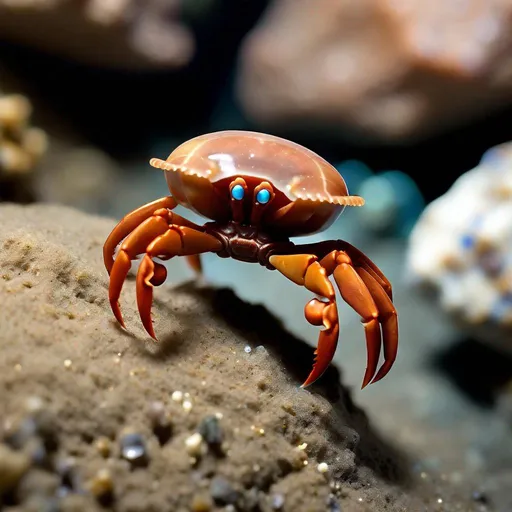 Prompt: A tiny atlas crab from planet venus lifting a rock