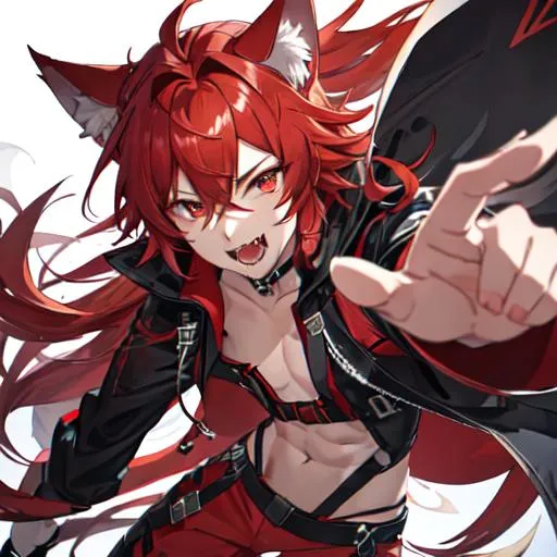 Prompt: male(Red side-swept hair covering his right eye) wolf ears, wolf tail, HD, 8K, open mouth, fangs