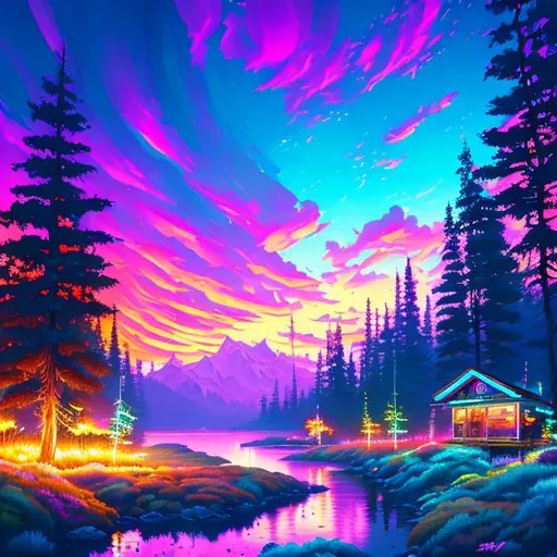 Prompt: cyberpunk Bob Ross painting, Happy little mistake, pine trees, Street Art, Graffiti Style, Bold, Digital Painting, Urban, Edgy, Colorful, 8K, Intricate Details illuminated by a neon sunset, by Alex Konstad, Tatsuya Ishida, and Patrick Brown, dramatic lighting, hyper-realistic details, with digital painting techniques, trending on Artstation, cinematic cinematic lighting.