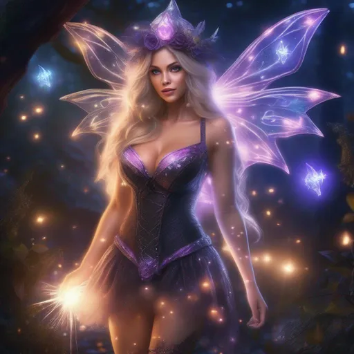 Prompt: hyper realistic, beautiful, stunningly full body form of a bright eyed, buxom woman, in a fairy witch outfit that is glowing, sparkly, sheer, and skimpy outfit on a breathtaking night with flying sprites around.