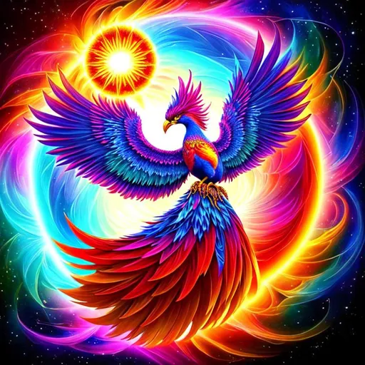 Prompt: emboss color Fractal geometry exists in the background knowledge of the world, full color Fractal geometry exists in the foreground knowledge of the world, perfect detailed pompous phoenix bird wild alien woman, holding the bright sun with its claw, a painting photography technique, amazing colors.
