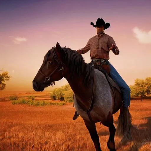 Prompt: pixar style, outlaw cowboy riding horse with his back towards the camera, by Alex Ross, octane render, award winning photography, sunset, dusk lighting, 8k, Redshift Render, ray tracing, epic, ultra realistic, 120mm lens, f/2.8, bokeh effect, by ross tran,