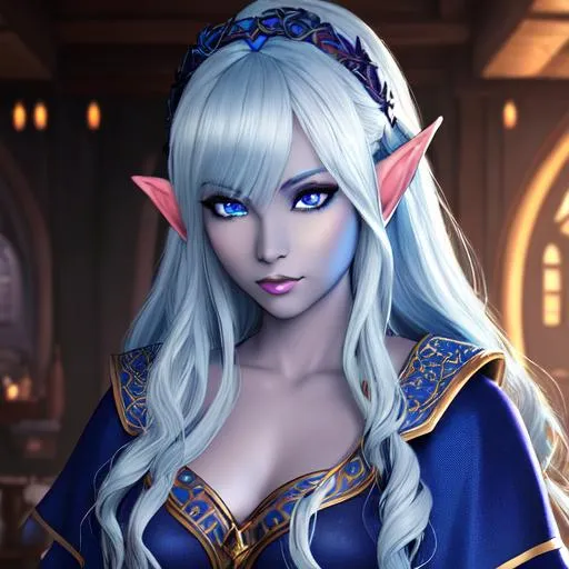 Prompt: half body portrait, female , elf, drow, dark elf, blue skin, ((blue skin:0.6)), blue pointed ears, detailed face, detailed eyes, full eyelashes, ultra detailed accessories, detailed interior, city background, ((wearing robes:0.6)), curly hair, dnd, artwork, dark fantasy, tavern interior, looking outside from a window, inspired by D&D, concept art, night time, looking away