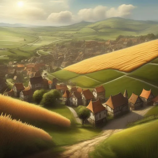 Prompt: town, foot hills, fantasy setting natural lighting, panoramic,  photorealistic, fields of grain