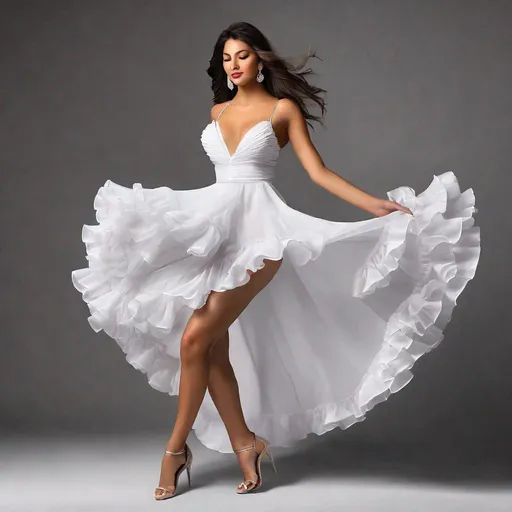 Prompt: Make a realistic image of  a latin American female dancer with a beautiful dress of ruffles and ample cleavage, ,dress flowing Beautifully