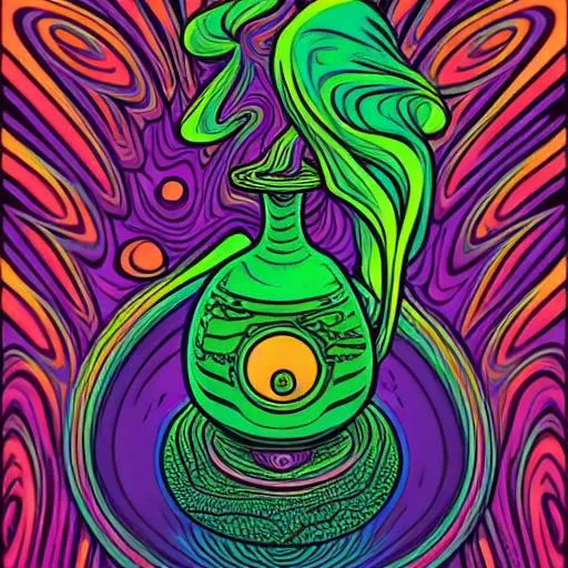 Prompt: Hypnotic illustration of witch with a poison green potion at the bottom , hypnotic psychedelic art by Dan Mumford, pop surrealism, dark glow neon paint, mystical, Behance