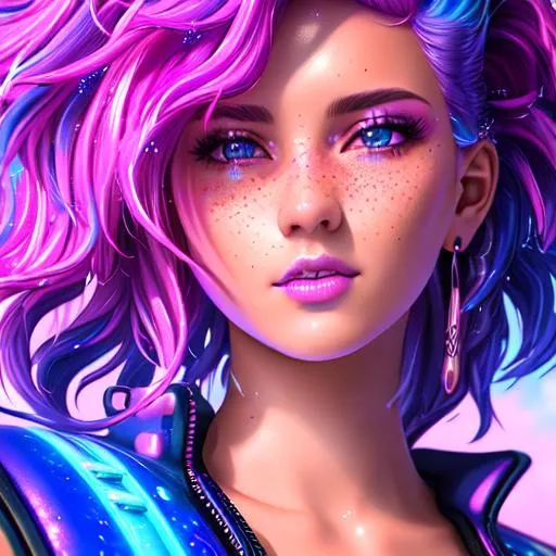 Prompt: vaporwave aesthetic digital painting with neon purple lighting of a girl with very short pink hair , serious, wet hair, slim, fit, hdr, uhd, 8k, highly detailed, professional, vivid colors, punk rockmajestic , exuberant, on a beach, realistic, detailed, high fantasy, concept art, lush, vibrant, freckles. Galaxy Space.  little girls at a party. 