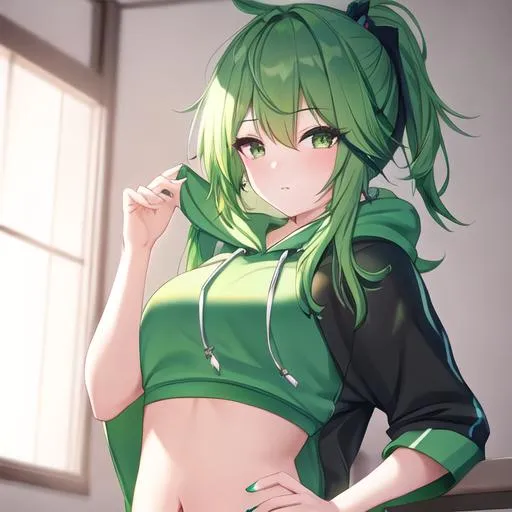 Prompt: Green hair, hd, fantasy, 8k, green eye, beautiful, cool girl, flat, hoodie, headphone 