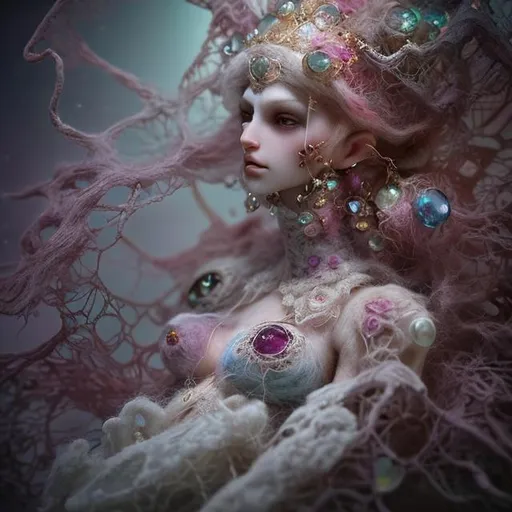 Prompt: needle-felted fantasy woman figures, gems and beads, lace, intricate details, insane details, volumetric lighting