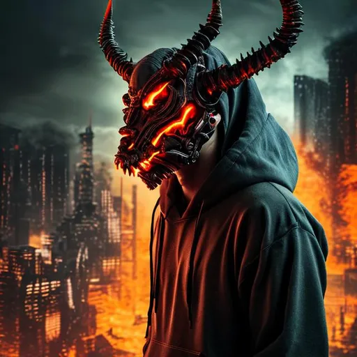 Prompt: Demon, horns, mask, hoodie, cyberpunk apocalypse, fire , sci fi, ruins, blood, midnight, 8k, highest quality, orange green black grey orange, sharp focus, studio photo, intricate details, highly detailed, UHD, HDR, 8K, ((Masterpiece))