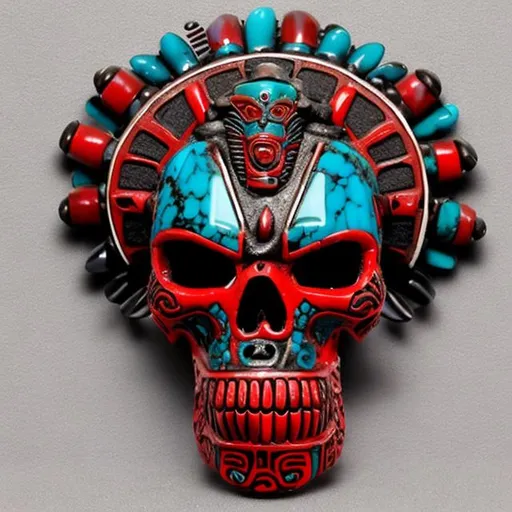 Prompt: Death aztec god realistic photo red obsidian turquoise 