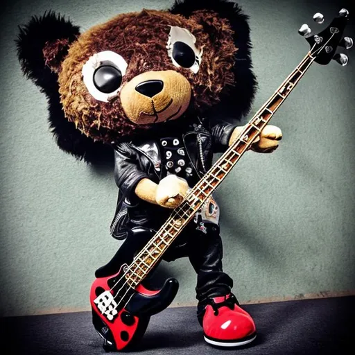Prompt: Punk rock teddy bear playing bass
