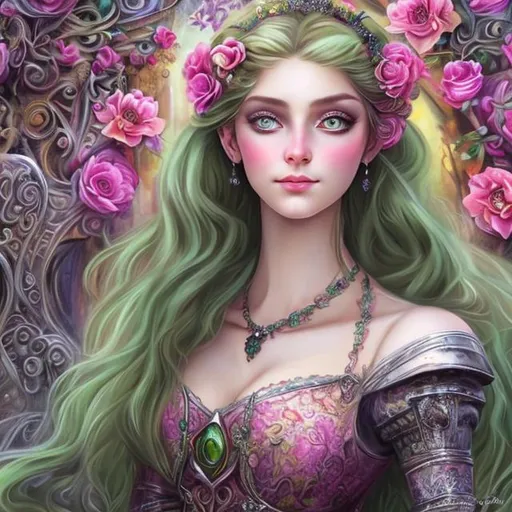 Prompt: Portrait of attractive young woman,  long green hair, pink eyes, wearing Medieval dress, pink flowers background, style of Josephine Wall