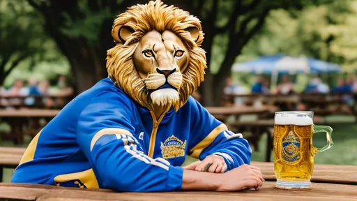 Prompt: a smiling lion sits at a picnic table wearing a royal blue and gold track suit is about to sip from a larger stein of beer in a beer garden with friends 