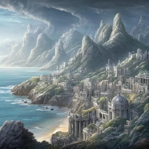 Prompt: A spectacular silver coastal city, viewpoint from the sea, high fantasy