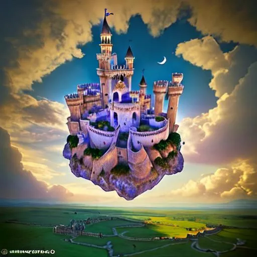 Prompt: Un reino con un castillo en el centro tocando la tierra, y 4 pueblos medievales en forma de anillos que flotan en el aire gracias a la magia uno sobre el otro y rodean al castillo. Vista aérea 