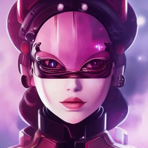 Prompt:  in the galaxy, young beatiful  cyborg goth queen , round face, hazel eyes, long lashes, thin dark eyebrow, small nose, round chin , pink lips, brown hair,  in the style of alberto mielgo painting,  photorealism and abstraction, anime style