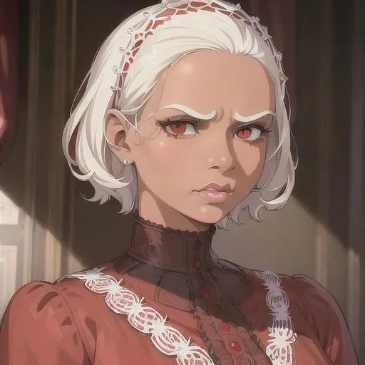 Prompt: (masterpiece, illustration, best quality:1.2), brown skin, frustrated face, detailed eyes, Victorian style, very short trimmed white hair, devilish like white eyes, wearing red nightgown, best quality face, best quality, best quality skin, best quality eyes, best quality lips, ultra-detailed eyes, ultra-detailed hair, ultra-detailed, illustration, colorful, soft glow, 1 girl