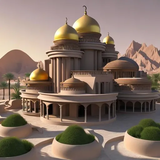 Prompt: Generate an image of a luxurious house primarily composed of square and cylindrical shapes. The roof should have rounded shapes reminiscent of mosque domes. The house should feature rounded observation turrets without roofs, similar to those found in castles. Situate the house in a desert landscape near an oasis, and ensure that the materials used are coherent with the desert environment, digital art,cinematic, ray tracing, 8k,