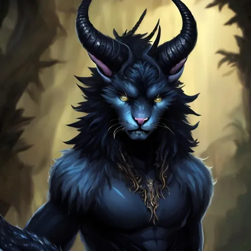 Prompt: Tyren is a towering 7-foot-tall man, his midnight black fur adorned with streaks of blond and royal blue. His matching fluffy ears and satyr horns add to his unique charm. Snake-like scales decorate strategic areas of his body, and his amber eyes exude wisdom and mystery. Feline fangs and a forked tongue give him an exotic allure. Tyren's captivating appearance commands attention and leaves a lasting impression.