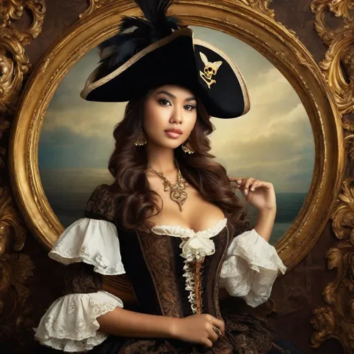 Prompt: pretty young Indonesian woman, 25 year old, (round face, high cheekbones, almond-shaped brown eyes, small delicate nose), (pirate costume), posing for a picture, active pose, flemish Baroque by Alexander Kucharsky, trending on cg society, rococo, steampunk, rococo, enchanting, masterpiece, intricate detail