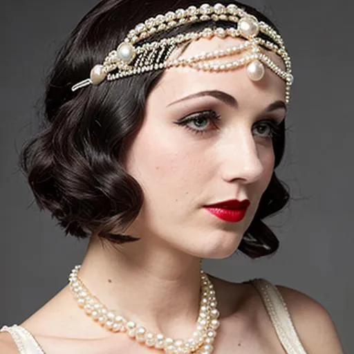 Prompt: 1920s Flapper with pearl headpiece 
