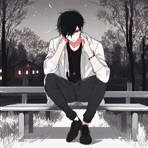 Prompt: Damien (male, short black hair, red eyes) in the park at night, casual outfit, dark out, nighttime, midnight, on his knees, screaming in pain, hands on his head