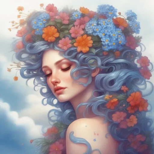 Prompt: A beautiful and colourful Persephone whose hair is made of clouds that rains down forget-me-not flowers in a painted style