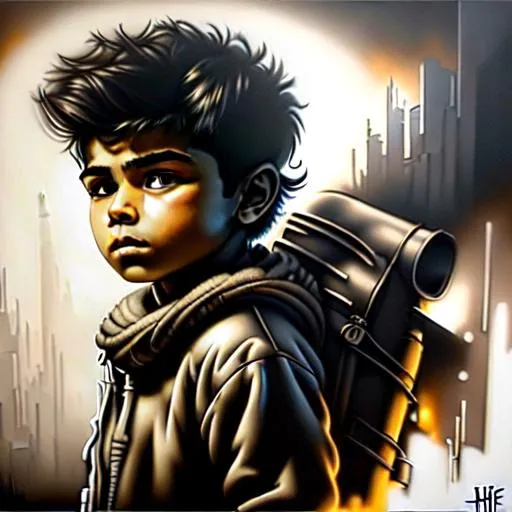 Prompt: indian boy that is 4'8 with black flufffy hair ,brown eyes, and a backpack hyper realistic with no smile