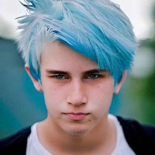 Prompt: a cute boy with white hair and blue and white eyes