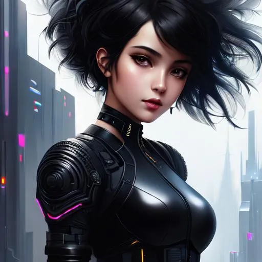 Prompt: {{{{highest quality concept art masterpiece}}}},{{{{{girl}}}}},digital drawing oil painting with {{visible fractal textured brush strokes}},etherial,closeup, full body,medium black hair,{cyberpunk}