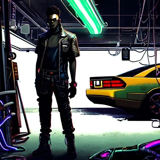 A digital art of a black cyberpunk standing in a car... OpenArt