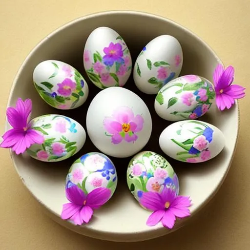 Prompt: Intensified flowers painted onto egg shells