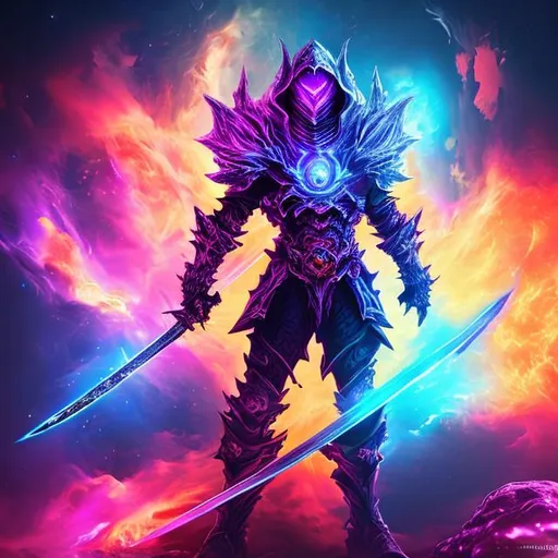 Prompt: astralvoid knight, in space, colorful, vibrant colors, fire, man, dualwiald swords,