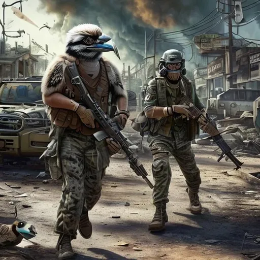 Prompt:  Kookaburra in in battle in an apocalyptic suburban area. With heavy camo, plate carrier, helmet, grenades and an assault rifle 