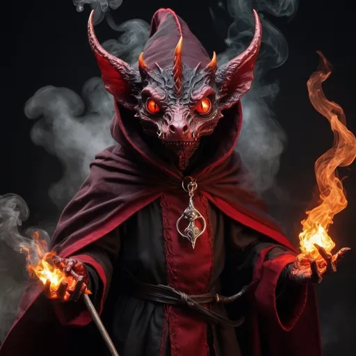 Prompt: A kobold dark reddish scales, eldritch power emanating from it, wearing a cloak wreathed in smoke and flame, head hidden within a great dark cloak of smoke and flame, fiendish eyes flaming red, holding an eldritch rod of power.  Dark mysterious power.  Diabolic essence.