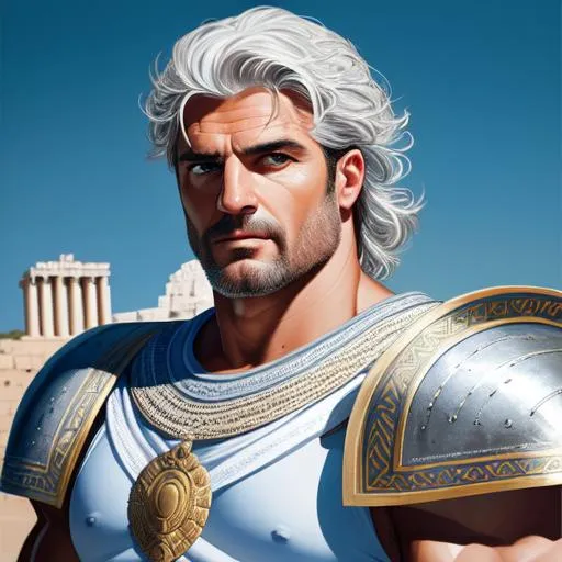 Prompt: Face Portrait of a epic character male forty-year-old greek hero,  bodybuilder physique, grey unruly hair, tanned capri-pants armour "authentic roman greek clothes"  "white tunic" oil painting style, Sparth style, Caravaggio Style, high quality, masterpiece,  highres, beautiful, handsome, biceps, UHQ  oil on canvas, cyan and brown, neon, inksplatter, acrylic painting, dynamic pose, belts,
sandals, architecture background, dramatic lighting, divine proportions 