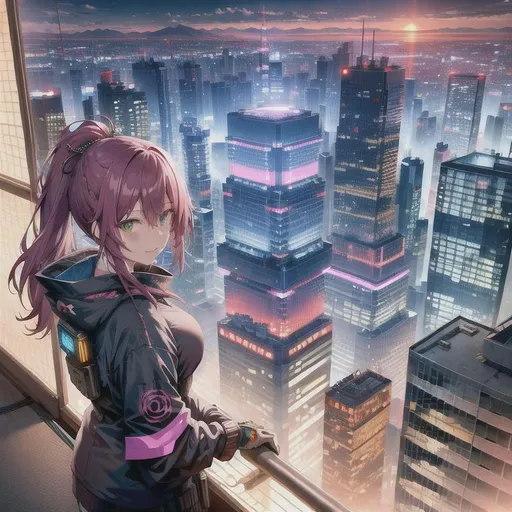 Prompt: high detail, cyberpunk scenery, japan style, view from above, sunset, mountains in background